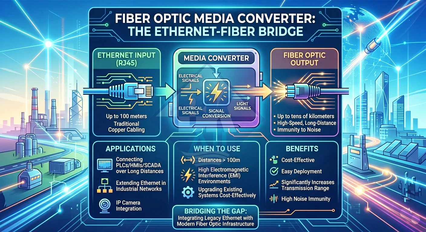 Media Converter quang chuyển đổi Ethernet sang cáp quang trong hệ thống công nghiệp